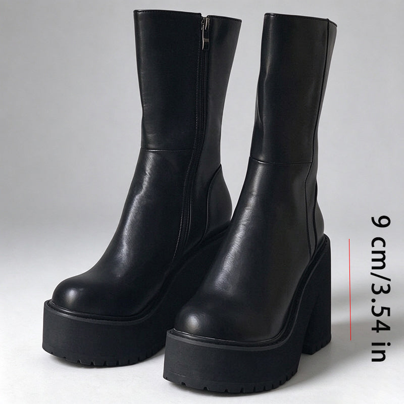 Round Toe Chunky Platform Mid-Calf Boots