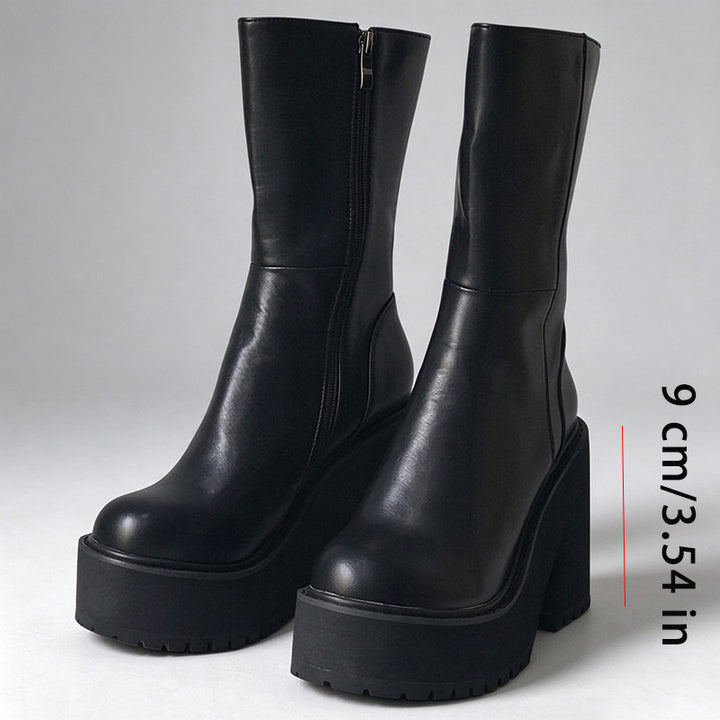 Round Toe Chunky Platform Mid-Calf Boots
