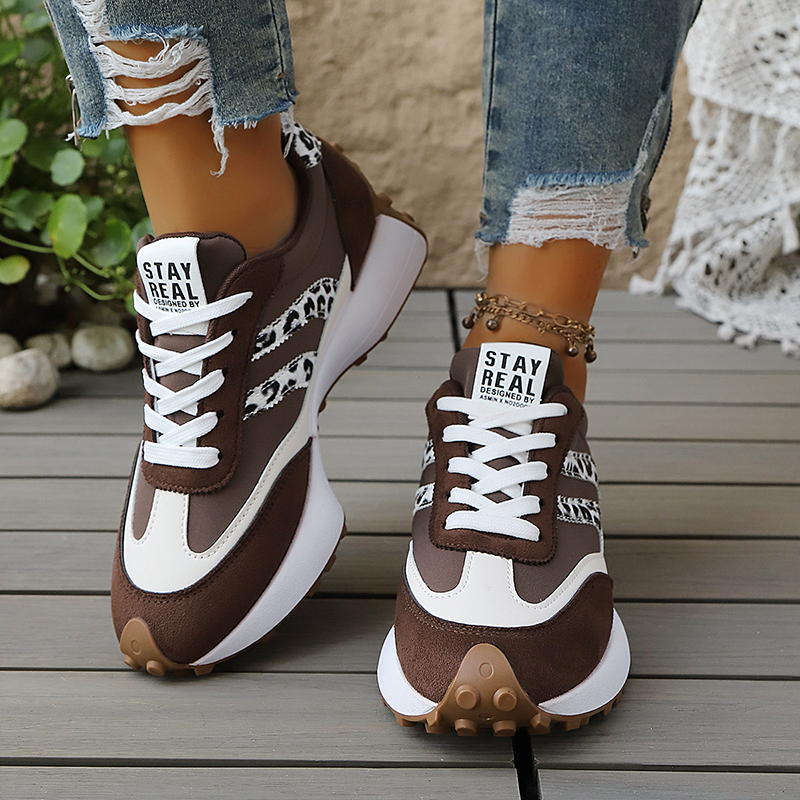 Lace-up platform retro leopard and stripe casual sneakers