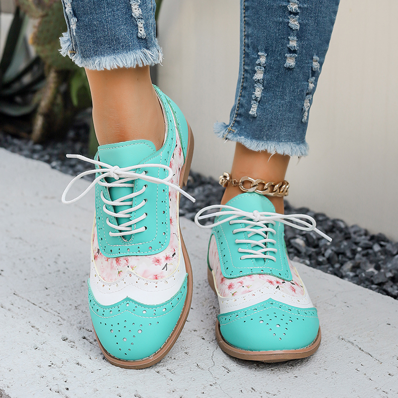 Floral Print Color Block Lace Up Low Heel Shoes for Women