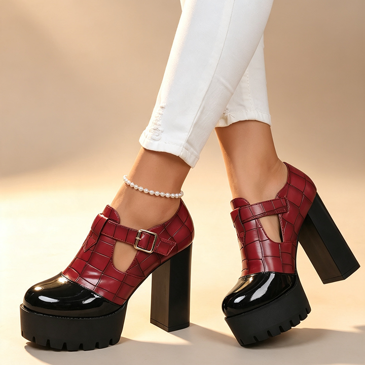 Color-blocked platform high heels with embossed crocodile-effect finish