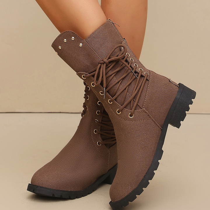 Women Studded Lace Up Mid Calf Boots