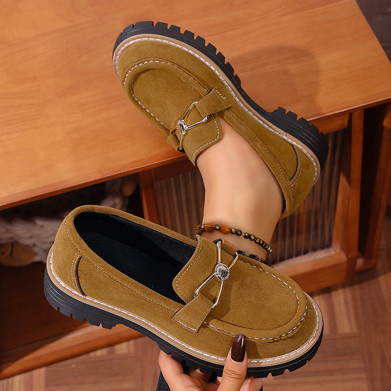 Metal Buckle Platform Suede Loafers