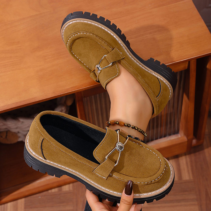Metal Buckle Platform Suede Loafers