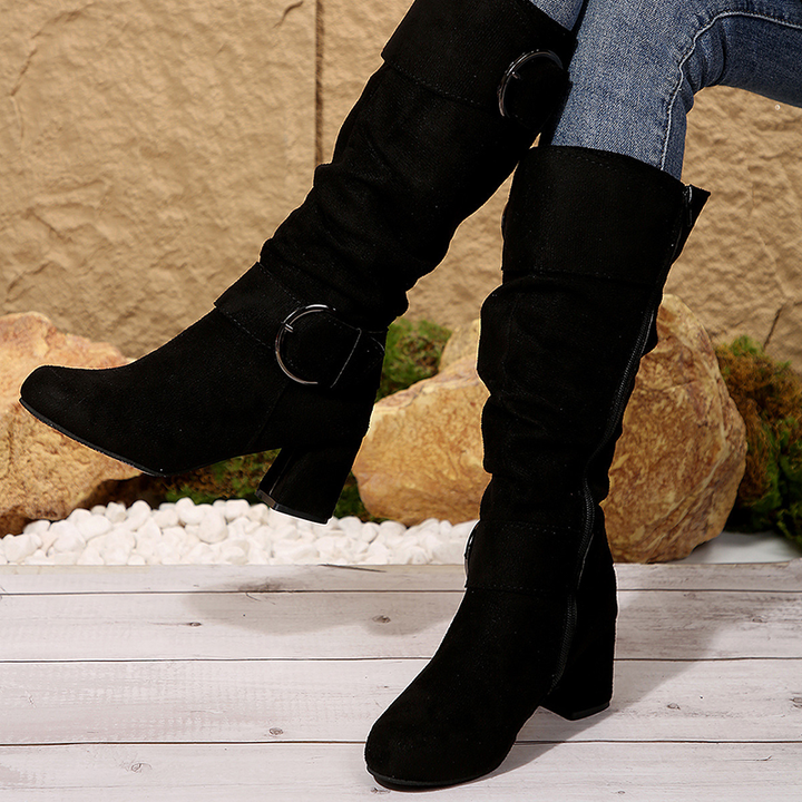 Ruched Buckle Block Heel Knee High Boots