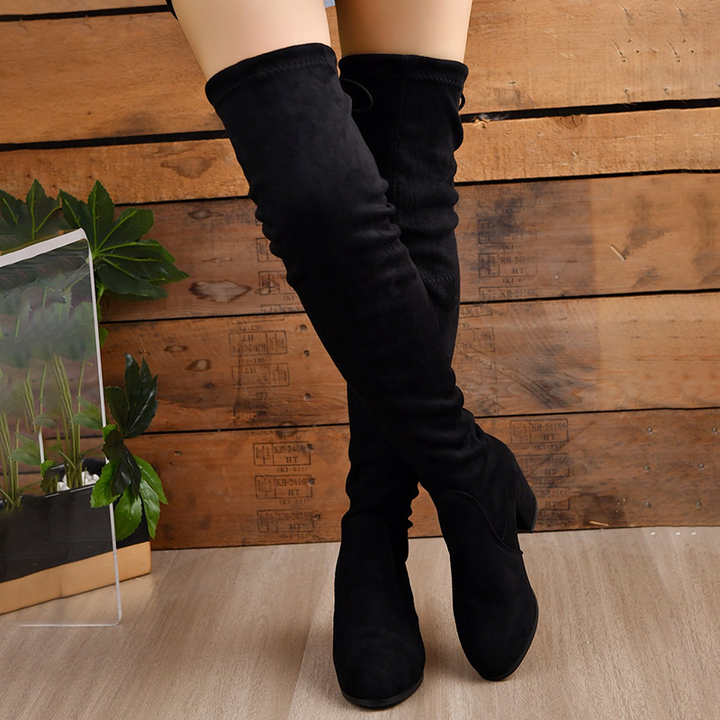 Black Suede Chunky Heel Over The Knee Boots