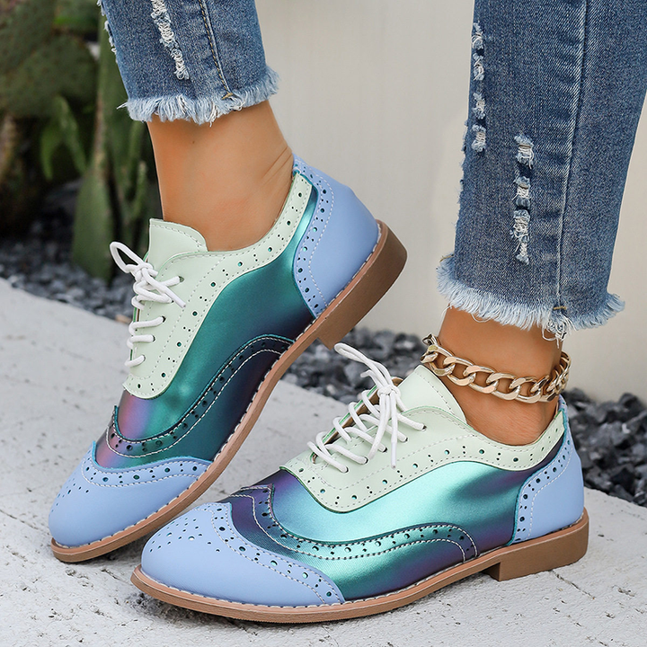 Floral Print Color Block Lace Up Low Heel Shoes for Women