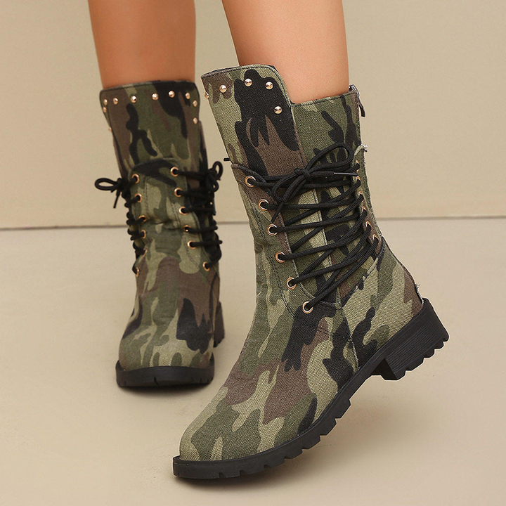Women Studded Lace Up Mid Calf Boots