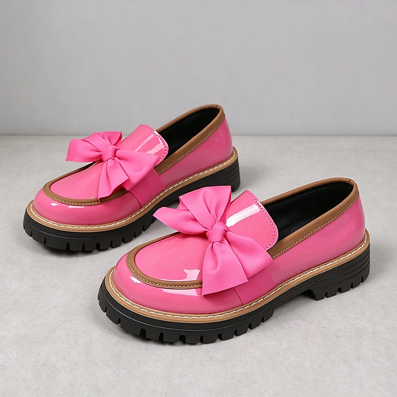 Bow Detail Patent Platform Loafers for Women