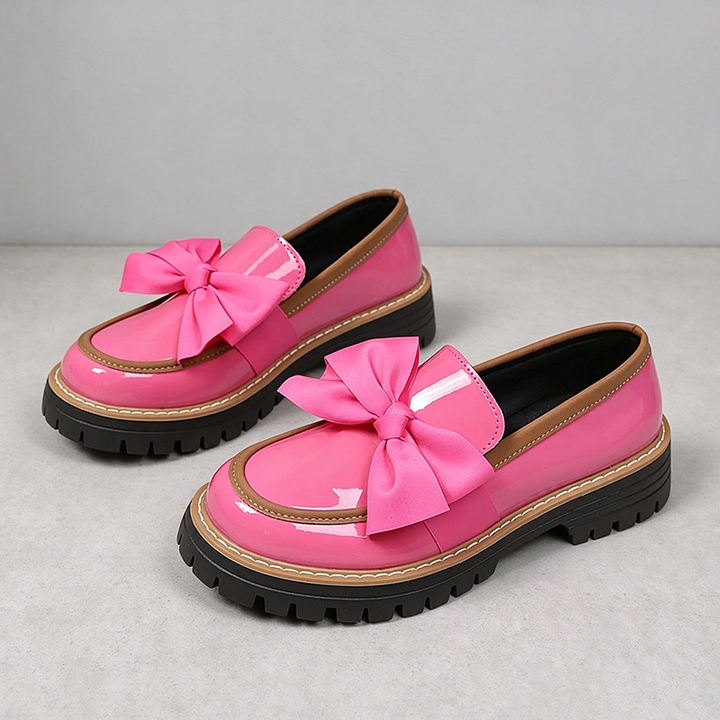 Bow Detail Patent Platform Loafers for Women