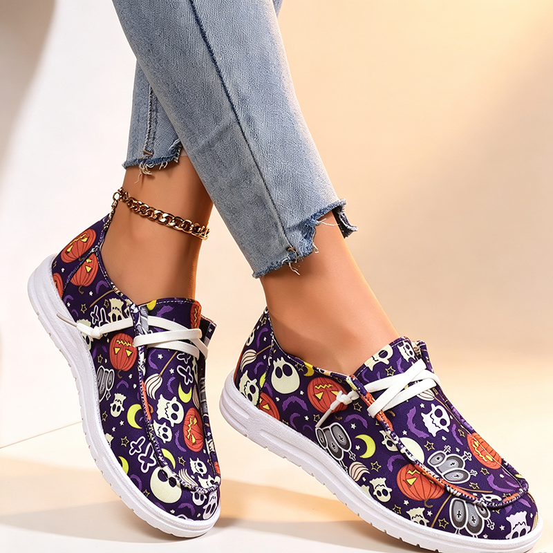 Halloween Skull and Pumpkin Print Slip-On Canvas Shoes