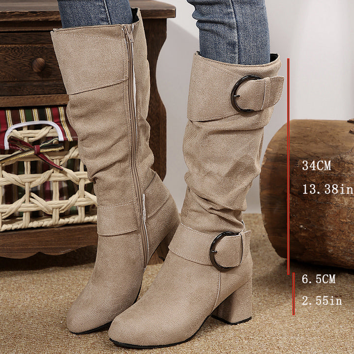 Ruched Buckle Block Heel Knee High Boots
