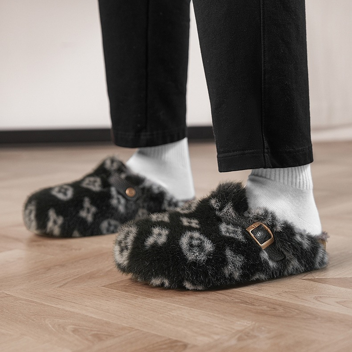 Fluffy Pattern Mules with Buckle
