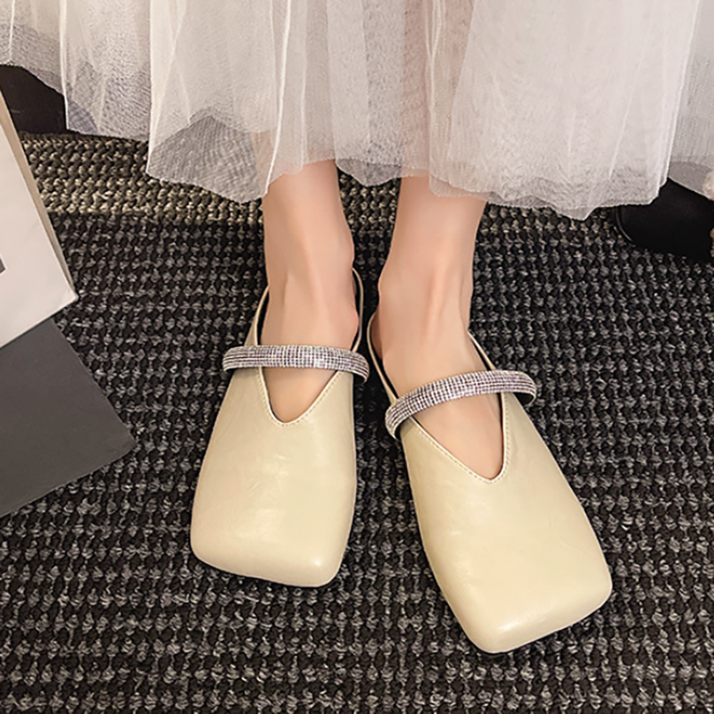 Square-toe rhinestone-embellished backless flats