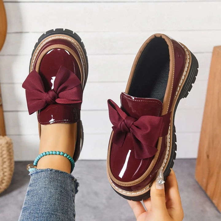 Bow Detail Patent Platform Loafers for Women
