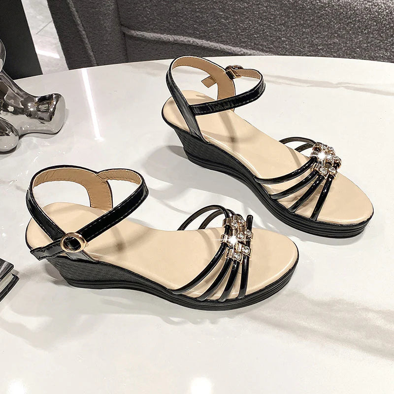 Rhinestone Wedge Sandals with Ankle Strap - Open Toe Summer Shoes