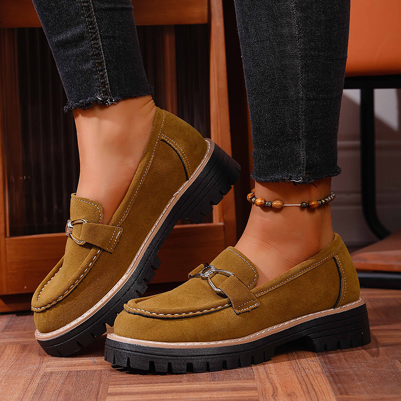 Metal Buckle Platform Suede Loafers