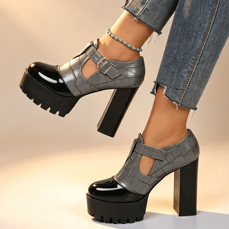 Color-blocked platform high heels with embossed crocodile-effect finish