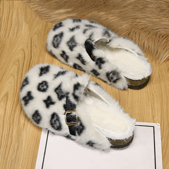 Fluffy Pattern Mules with Buckle