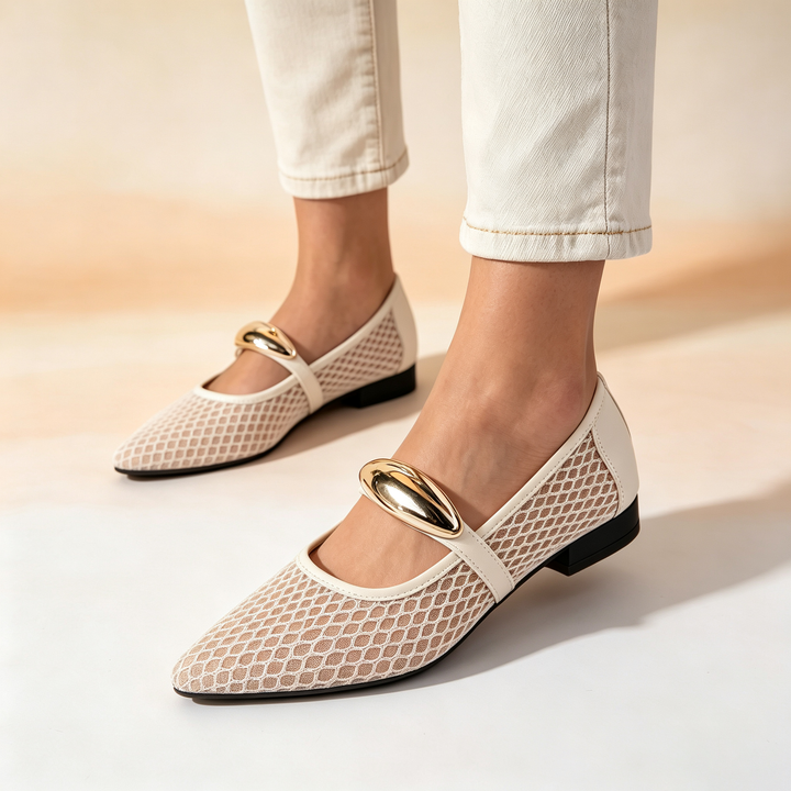 Pointed Mesh Mary Jane Flats with Metal Buckle Detail