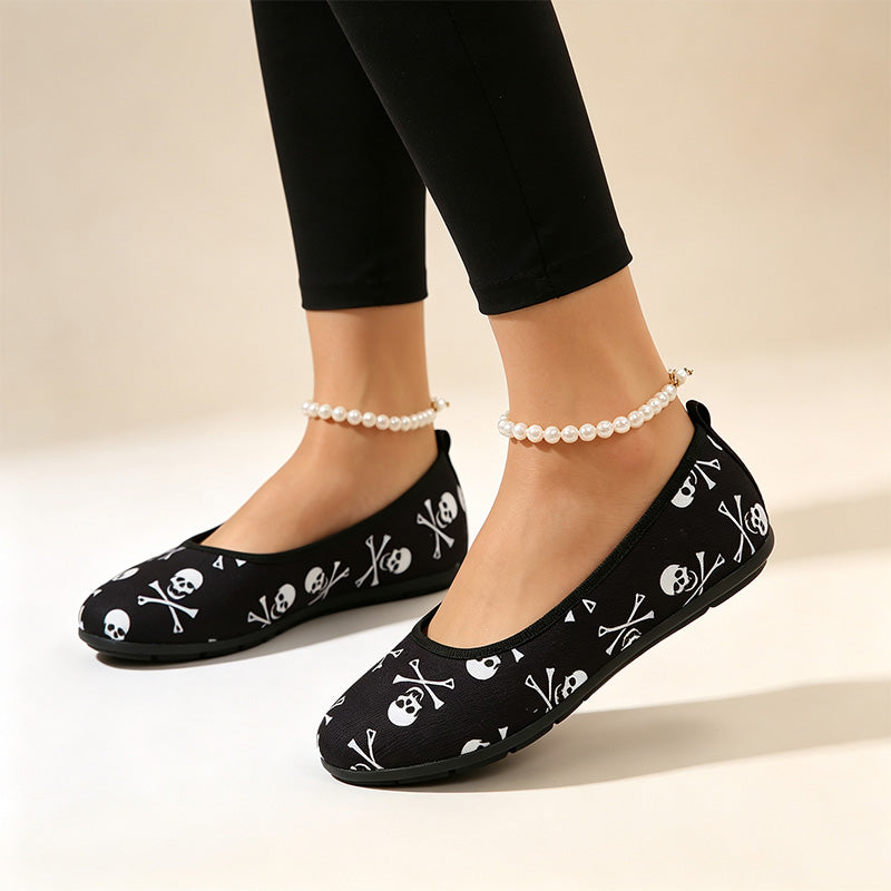 Women Skull Print Ballet Flats Slip On Walking Shoes