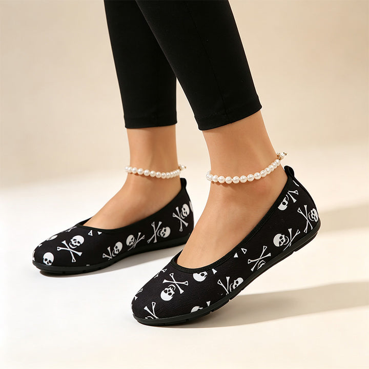 Women Skull Print Ballet Flats Slip On Walking Shoes