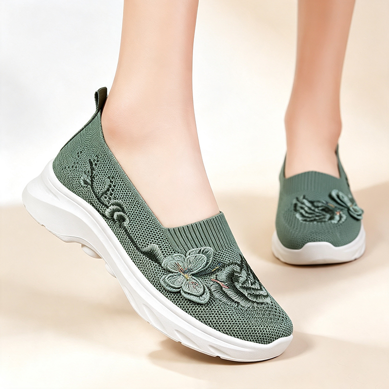 Breathable knitted floral-embroidered slip-on platform shoes for women