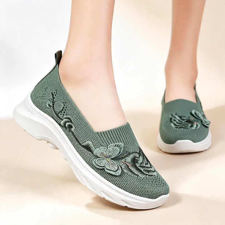 Breathable knitted floral-embroidered slip-on platform shoes for women