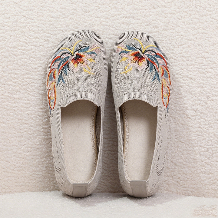 Breathable Mesh Embroidered Flower Slip On Loafers Ladies Comfort Walking Flat Shoes