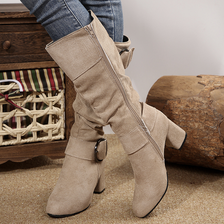 Ruched Buckle Block Heel Knee High Boots