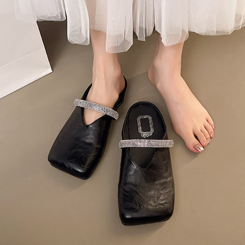 Square-toe rhinestone-embellished backless flats
