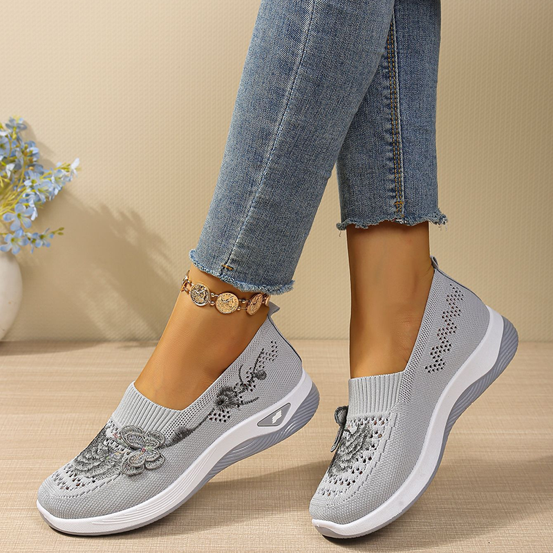 Embroidered Knit Slip-On Wedge Walking Shoes