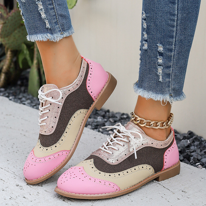 Floral Print Color Block Lace Up Low Heel Shoes for Women
