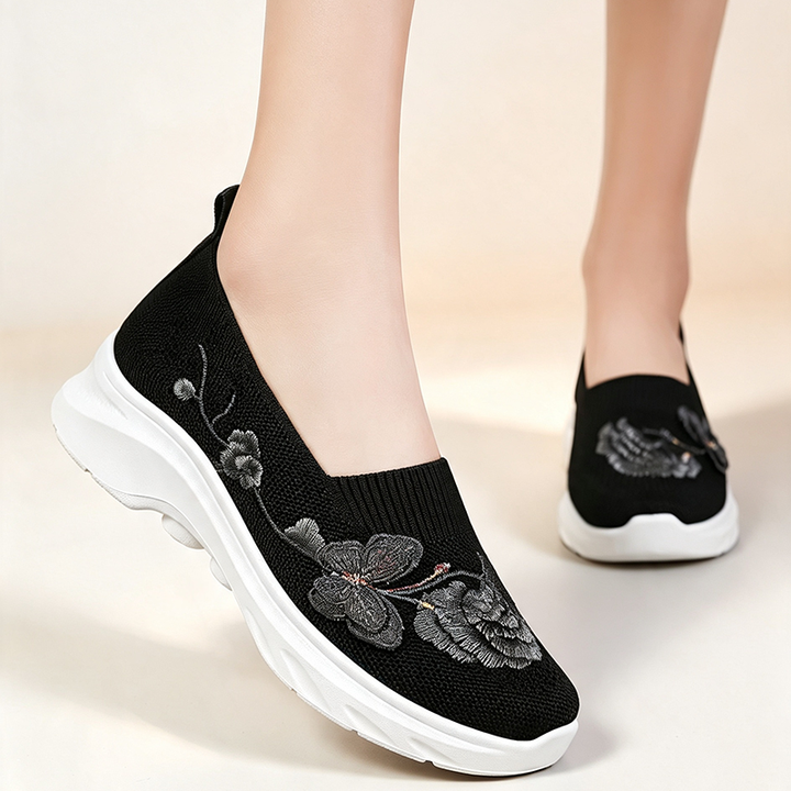 Breathable knitted floral-embroidered slip-on platform shoes for women