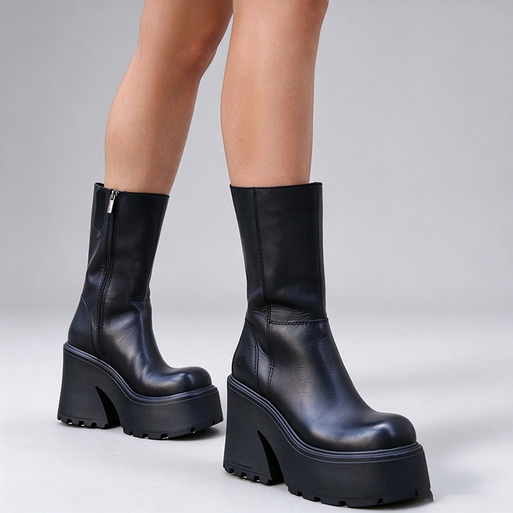 Round Toe Chunky Platform Mid-Calf Boots