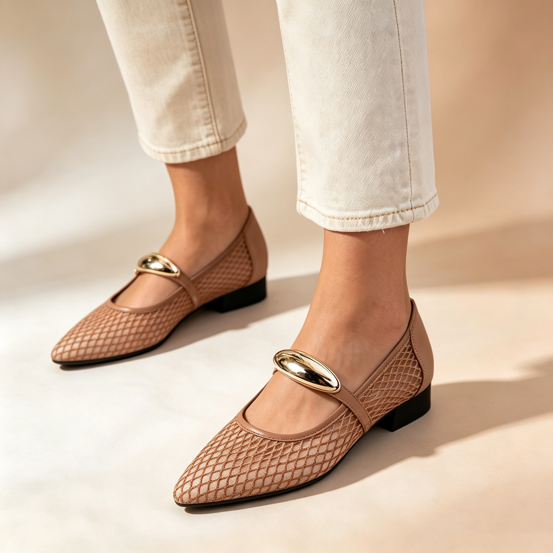 Pointed Mesh Mary Jane Flats with Metal Buckle Detail
