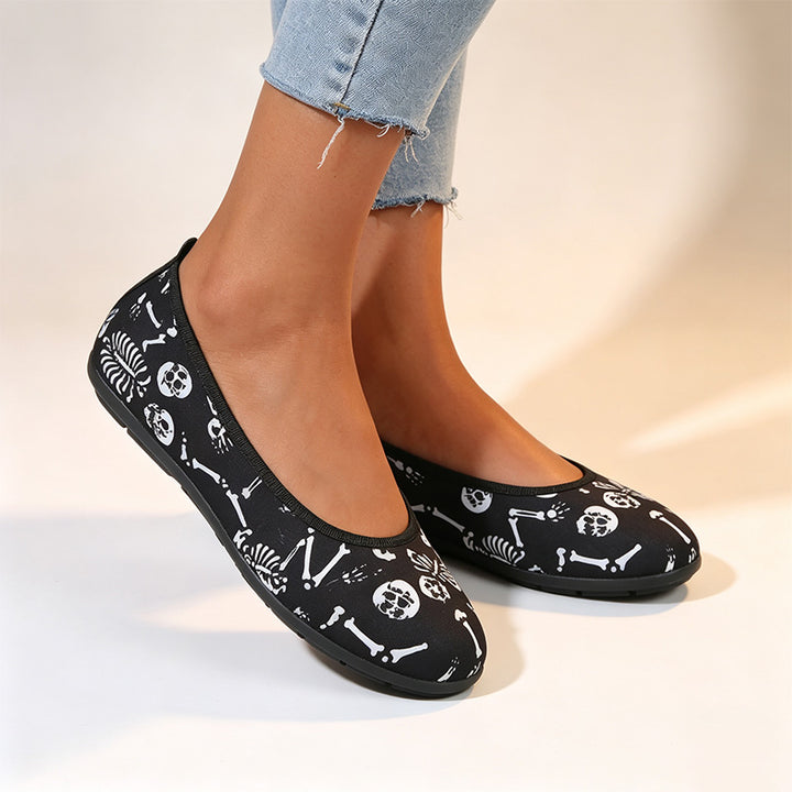 Women Skull Print Ballet Flats Slip On Walking Shoes