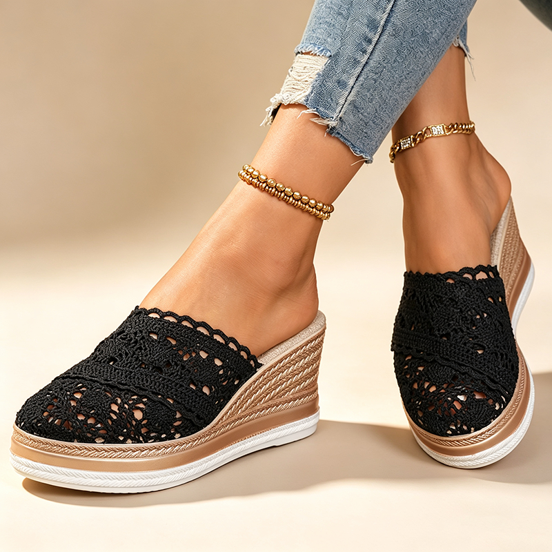 Crochet Lace Espadrille Wedge Mules