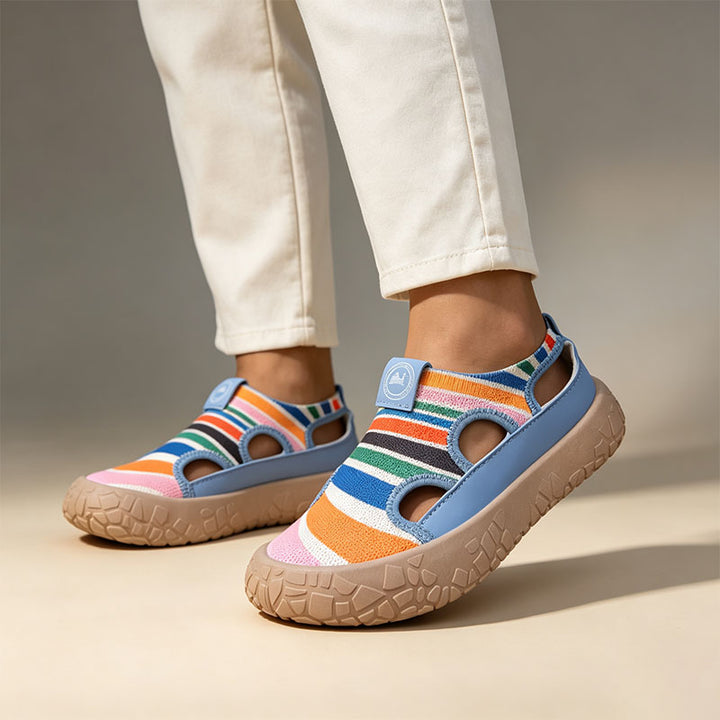 Striped, hollowed-out, platform slip-on sneakers