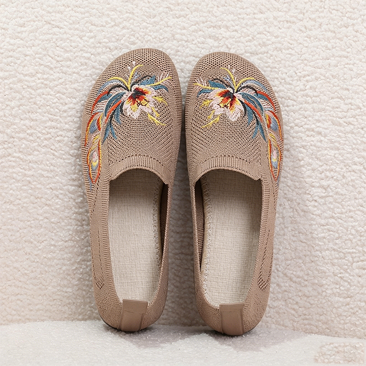 Breathable Mesh Embroidered Flower Slip On Loafers Ladies Comfort Walking Flat Shoes