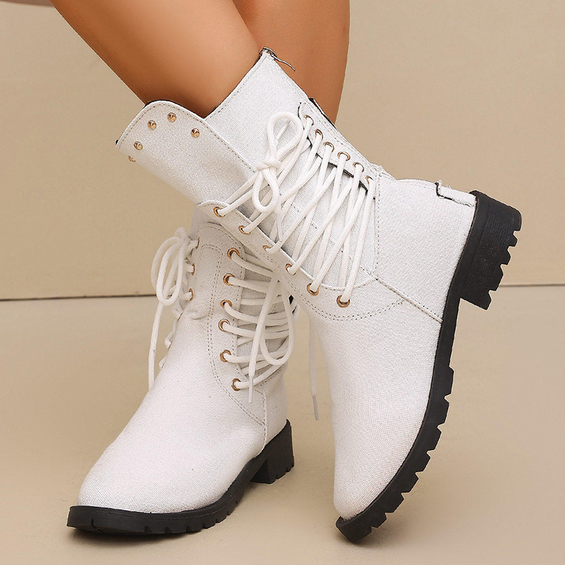 Women Studded Lace Up Mid Calf Boots