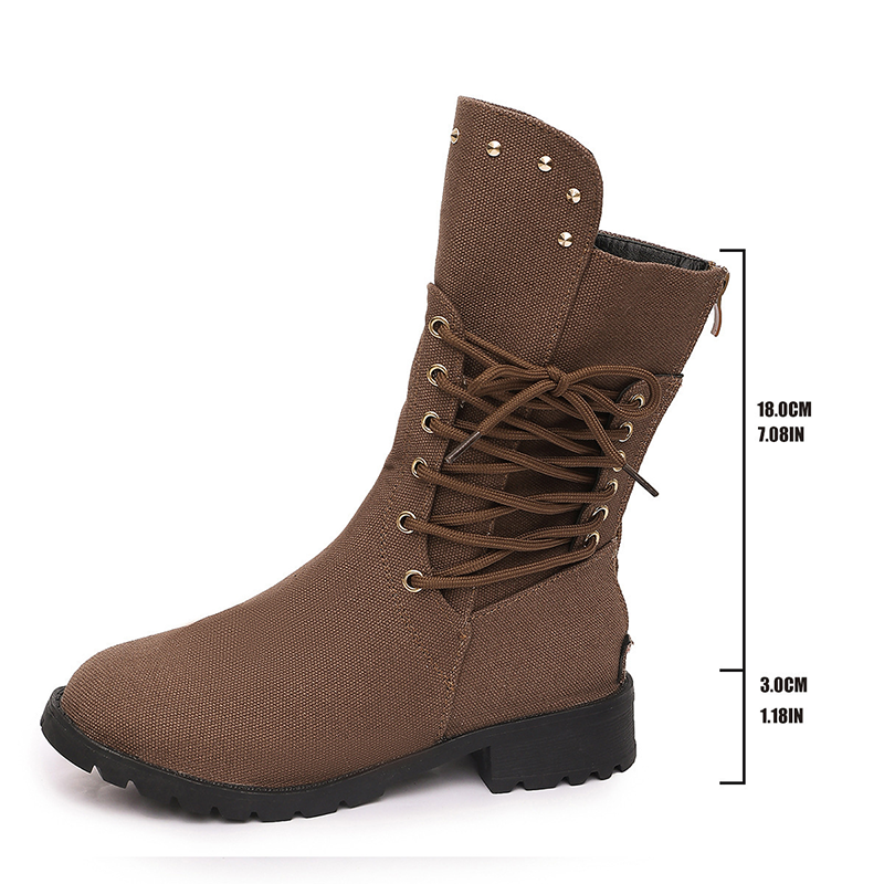Women Studded Lace Up Mid Calf Boots