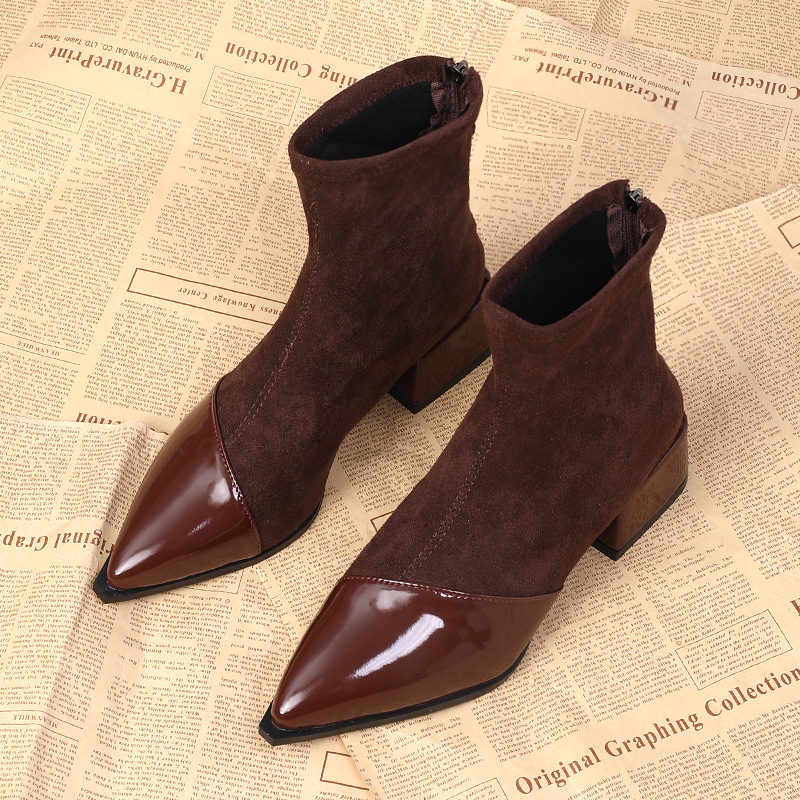 Pointed Toe Patchwork Block Heel Ankle Boots