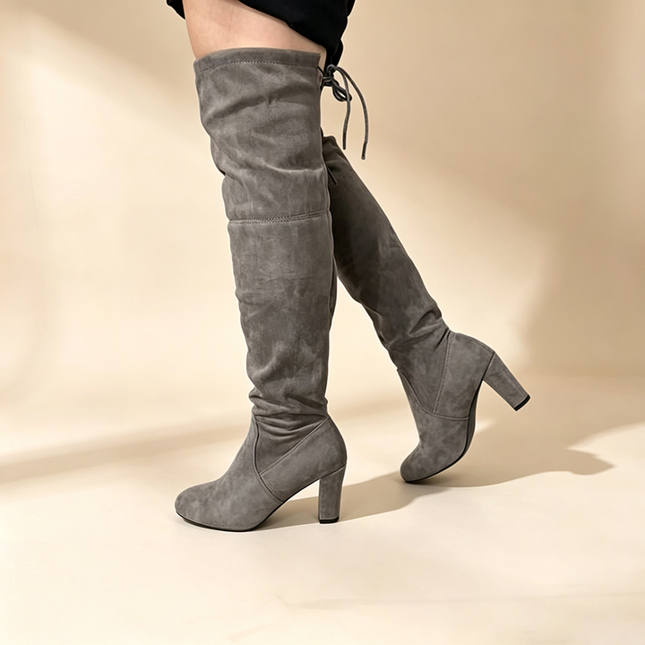 Pointed-toe over-the-knee high-heeled boots with back lacing