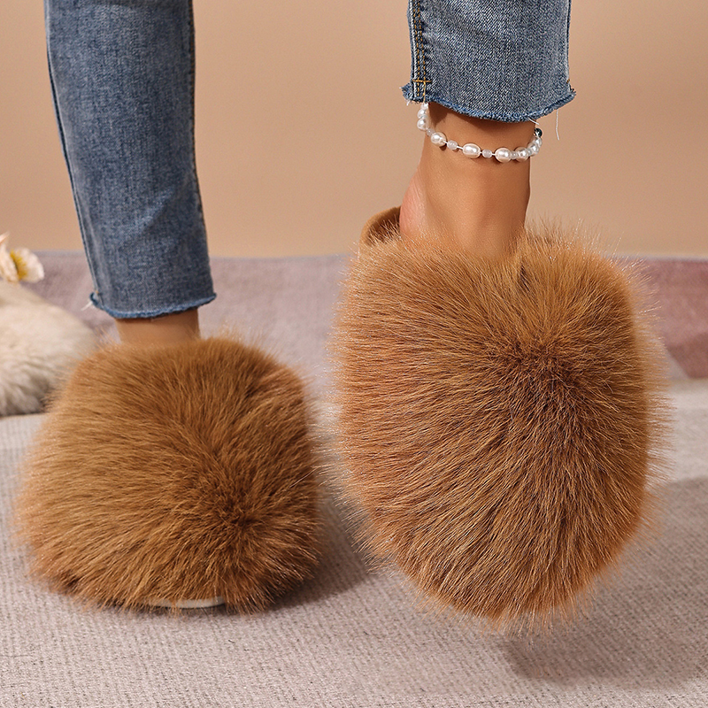 Plush flat indoor slippers
