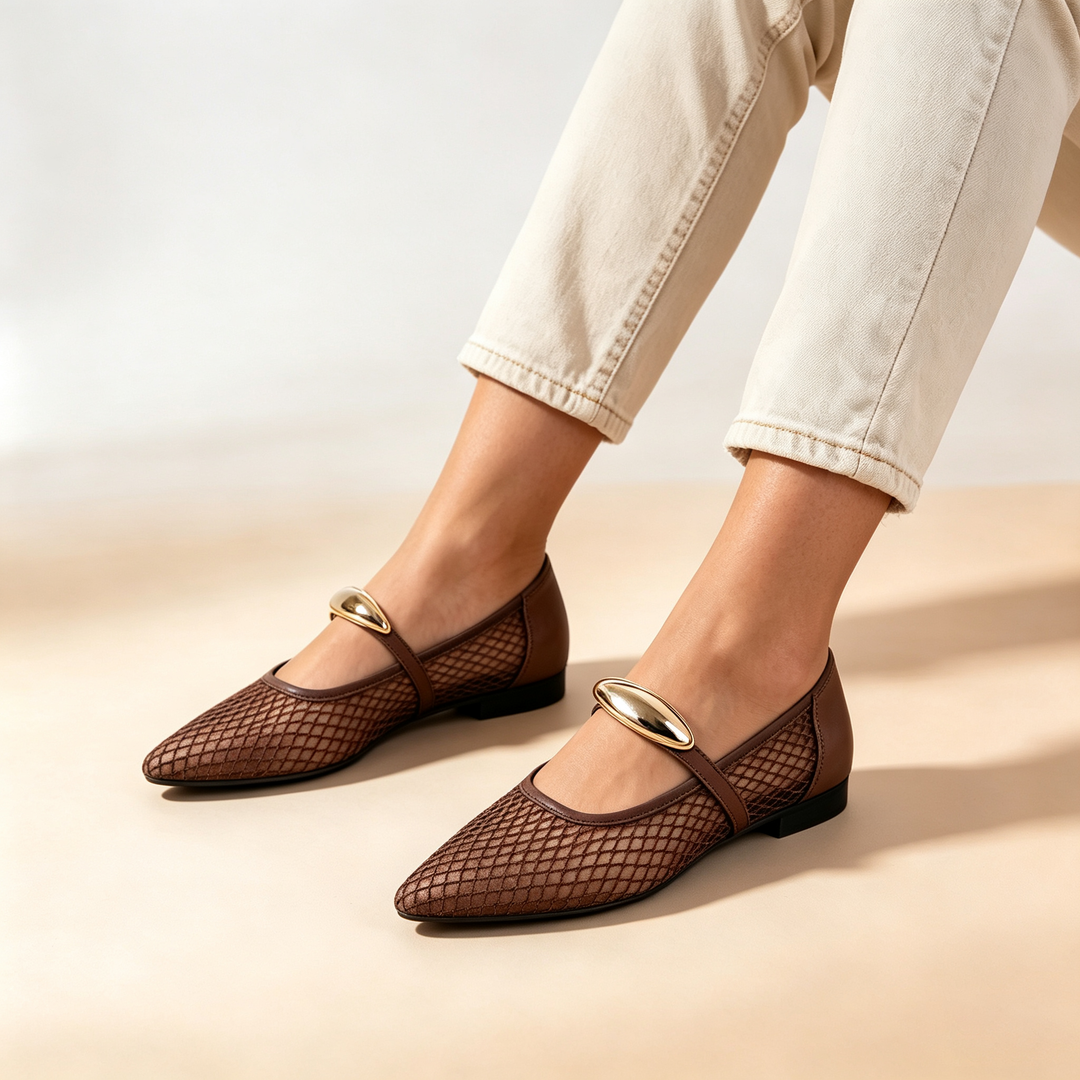 Pointed Mesh Mary Jane Flats with Metal Buckle Detail
