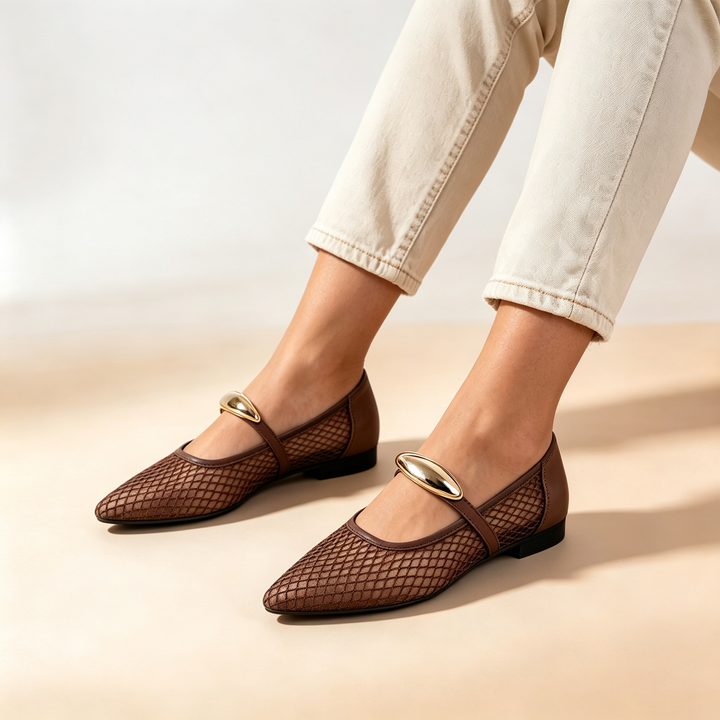 Pointed Mesh Mary Jane Flats with Metal Buckle Detail