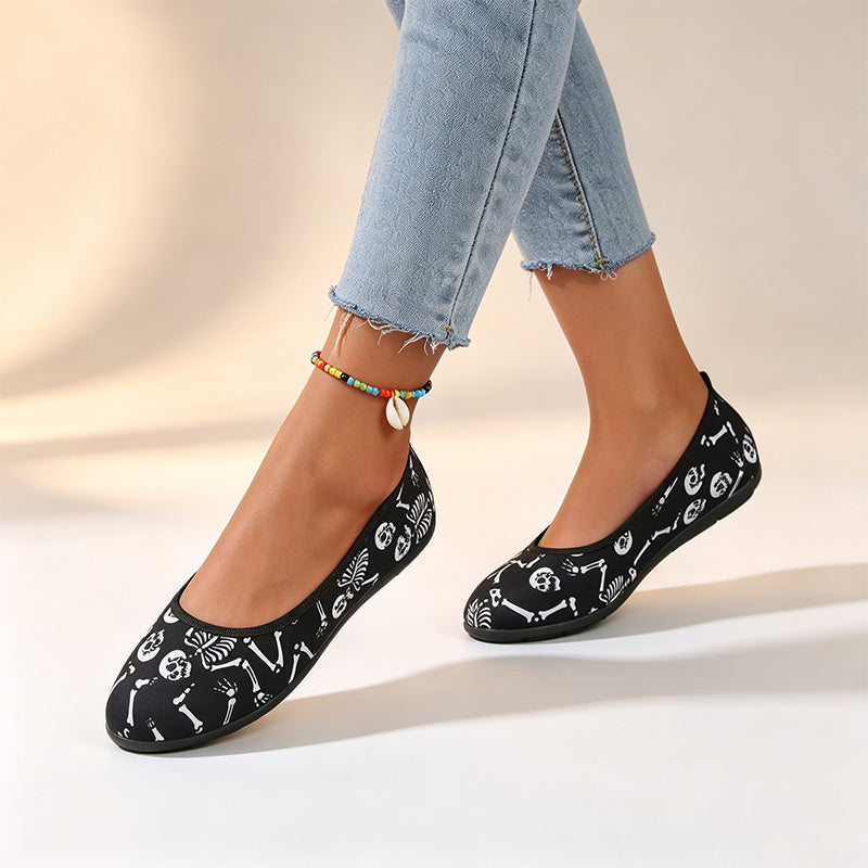 Women Skull Print Ballet Flats Slip On Walking Shoes