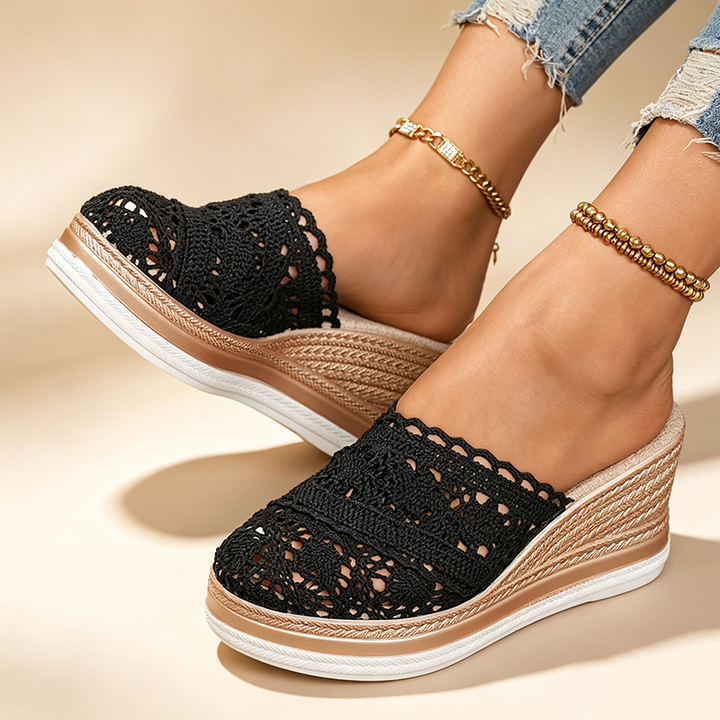 Crochet Lace Espadrille Wedge Mules