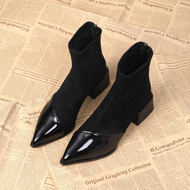 Pointed Toe Patchwork Block Heel Ankle Boots